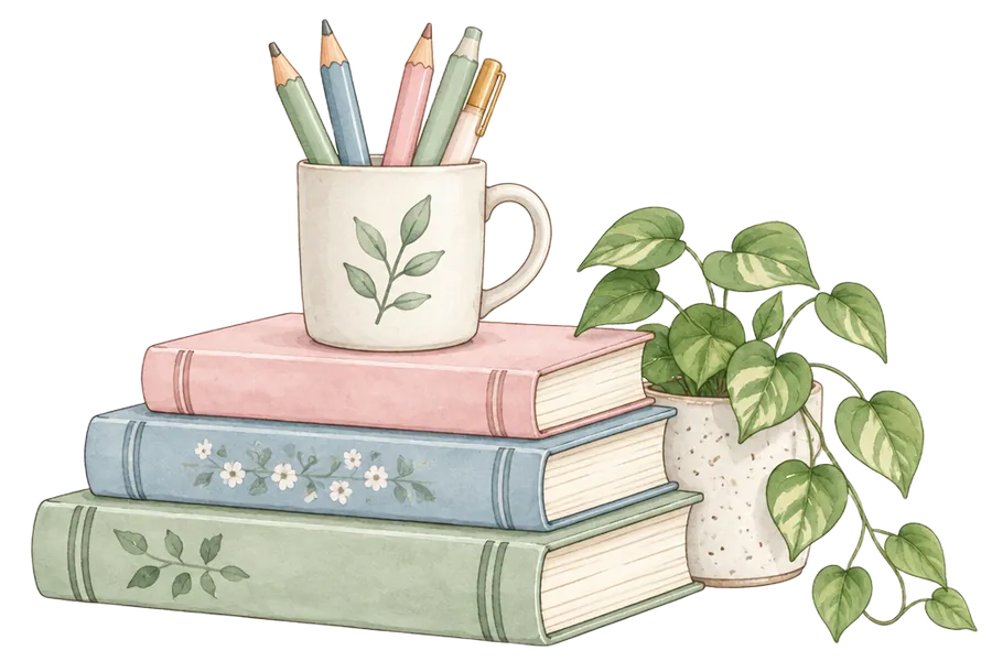 Illustrated teacher planner desk with books and stationery